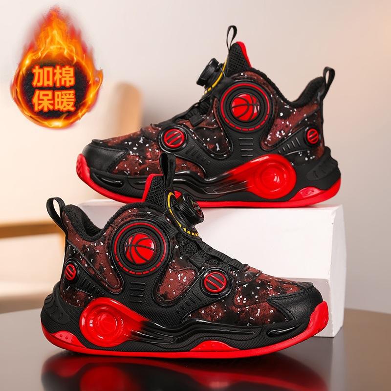 2025 Winter Children's Thick-soled Warm Basketball Shoes Trendy Versatile Outdoor Non-slip Velvet Leather Sneakers
