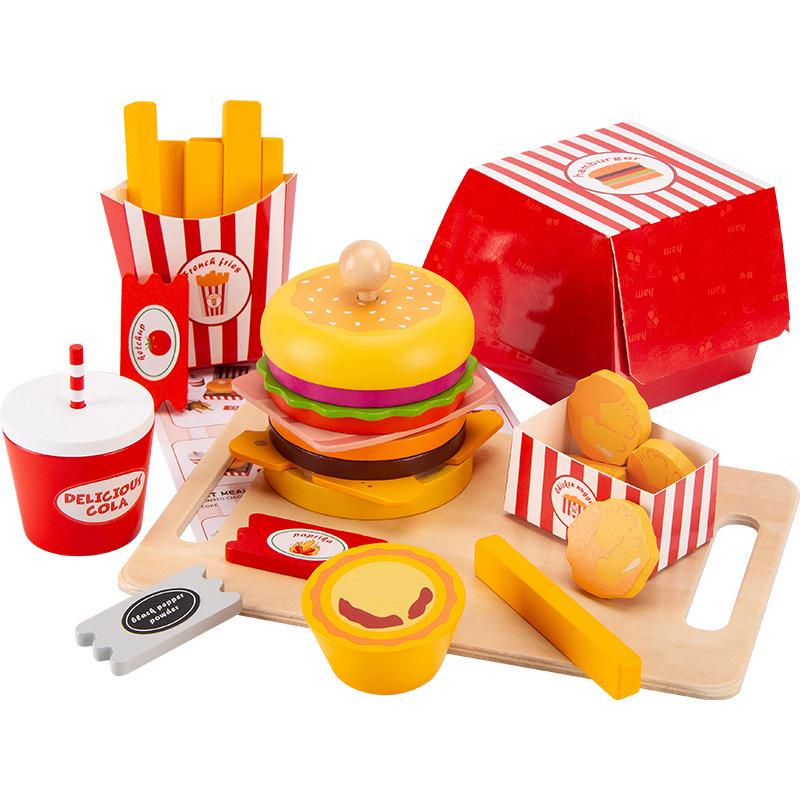 Children s Wooden Pretend Play Food Set: Hamburger, French Fries, Sandwich, and Puzzle Kitchen Toy
