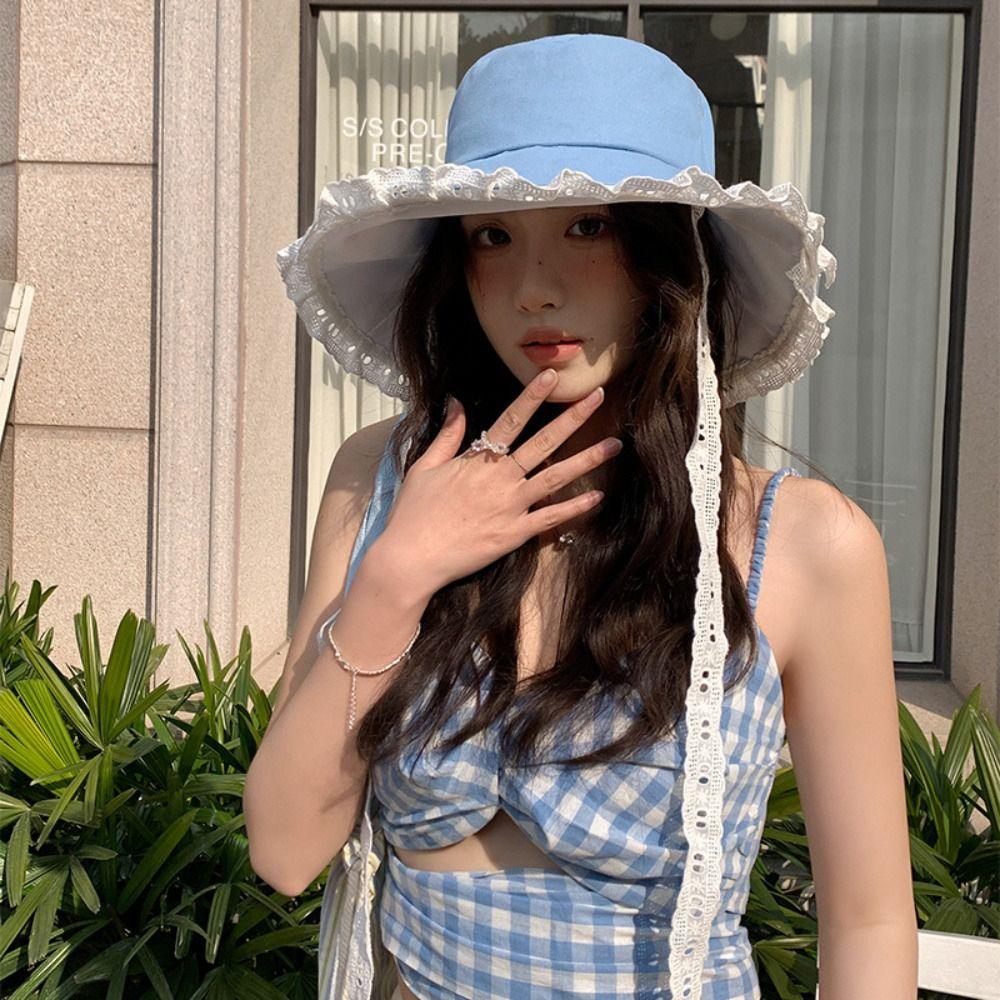 French Style Cowboy Fisherman Hat Sweet Women's Sun Hat Fashion Lace Ribbon Hat Travel
