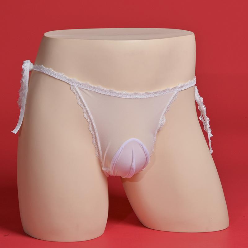 Large Men'S Mesh Sissy Pouch Panties Sexy Femboy Transparent Lingerie Low Rise Lace Up Wasit Bikini Briefs Crossdress Underwear