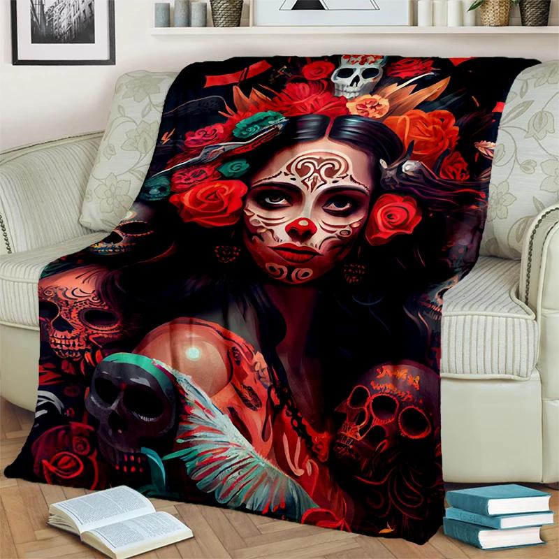 Gotisch Schedel Gezicht Roos Vrouw Verschrikkelijke Cartoon Deken, Zachte Plaid Deken voor Huis Slaapkamer Bed Bank Reis Picknick Cover Kinder Cadeau