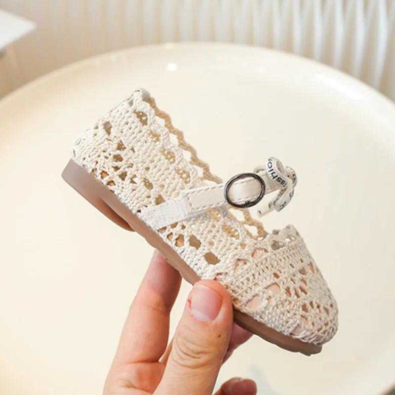 Bow Mesh Girls Flats Shoes Hollow Out Lace Solid Kids Princess Shoes Hook Loop Non Slip Toddler Children Fashion Shoes