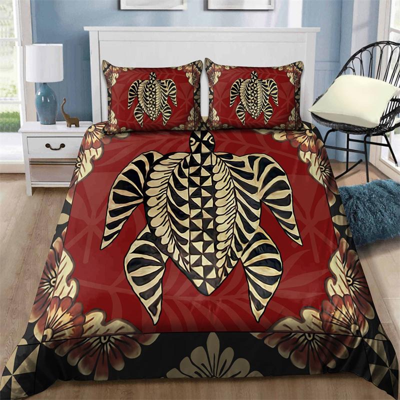 Hibiscus Floral Duvet Cover Tribal Polynesian Turtle Bedding Set Hawaiian Polyester Comforter Cover King Size For Kid Adult Teen