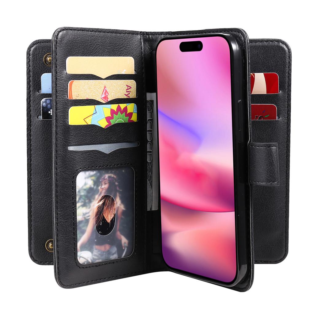For iPhone 16 Leather Case with 10 Card Holder Phone Cover Stand
