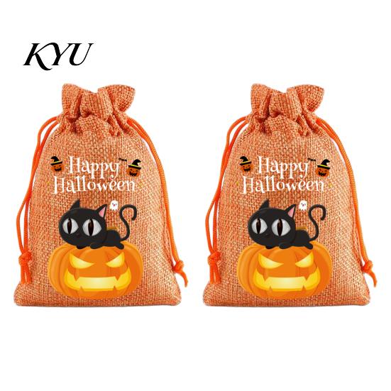 Lightweight Candy Carriers 2Pcs Halloween Pumpkin Drawstring Bags for Treats, Retro Burlap Pattern Party Favors Trick or Treat Bags, Portable