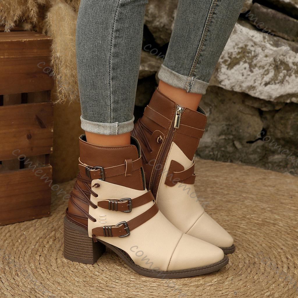 Fashion Comemore Vintage Belt Buckle Short Fashion Boots Women Chunky Heel Side Zipper Women's Shoes Gladiator Knight Botines Femininos