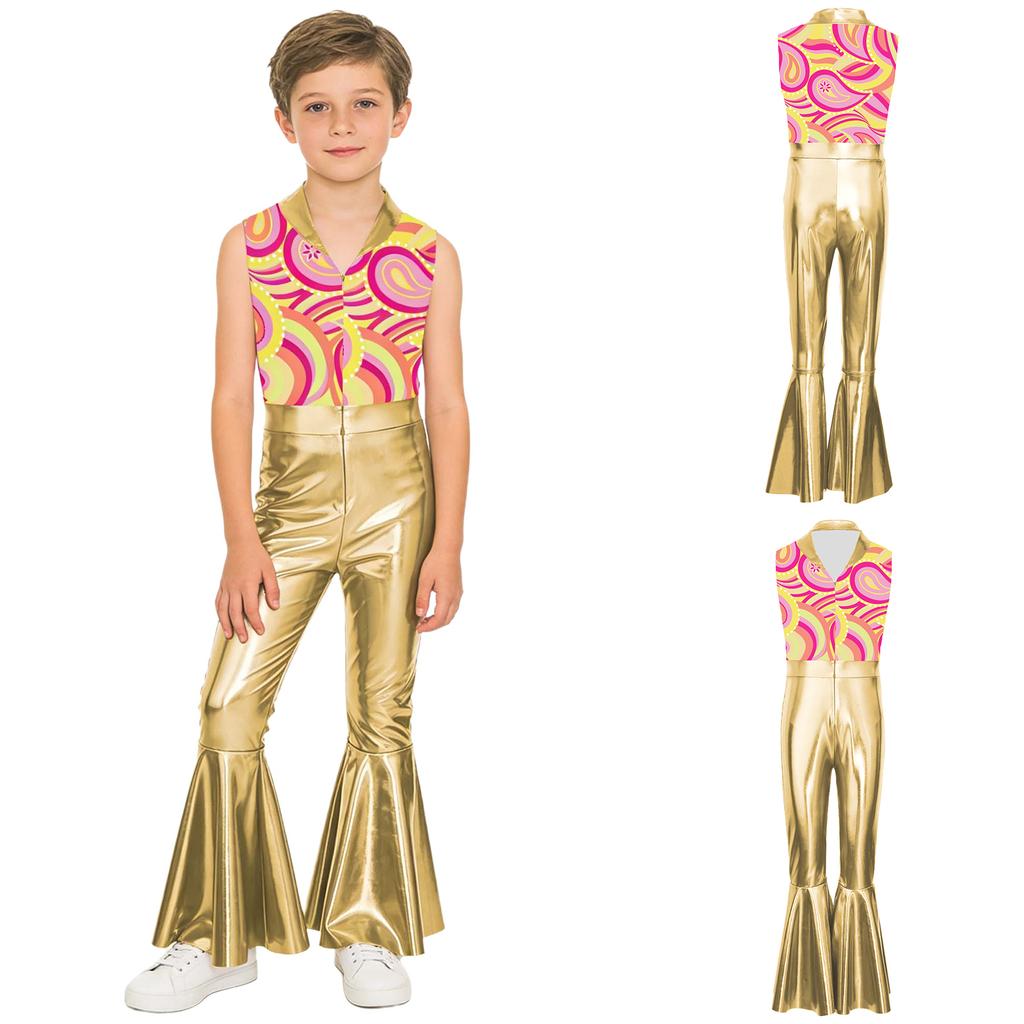 Kids Metallic Shiny Sleeveless Jumpsuit with Print Patchwork and Flared Pants for Boys Disco Halloween Party Outfit