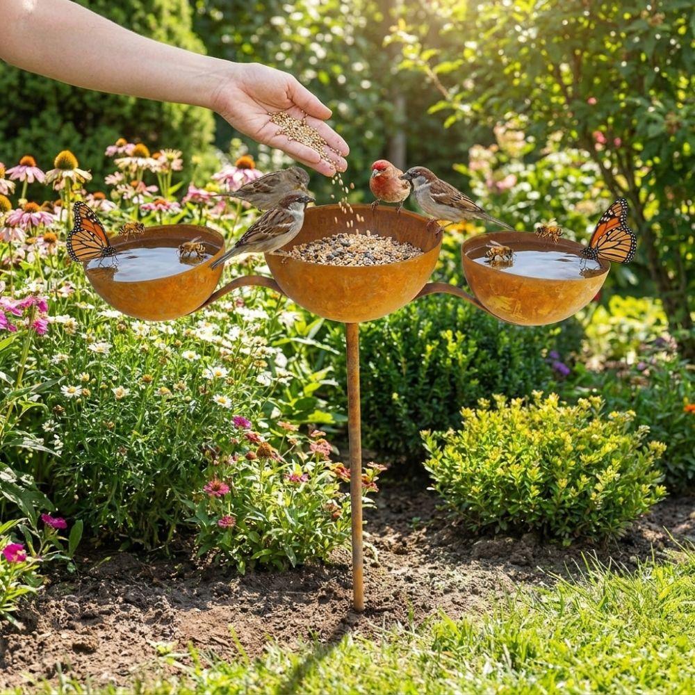 Rusted 3-Tiered Bird Bath Metal Bird Feeding Station Multi-Purpose Bird Water Bowls Yard