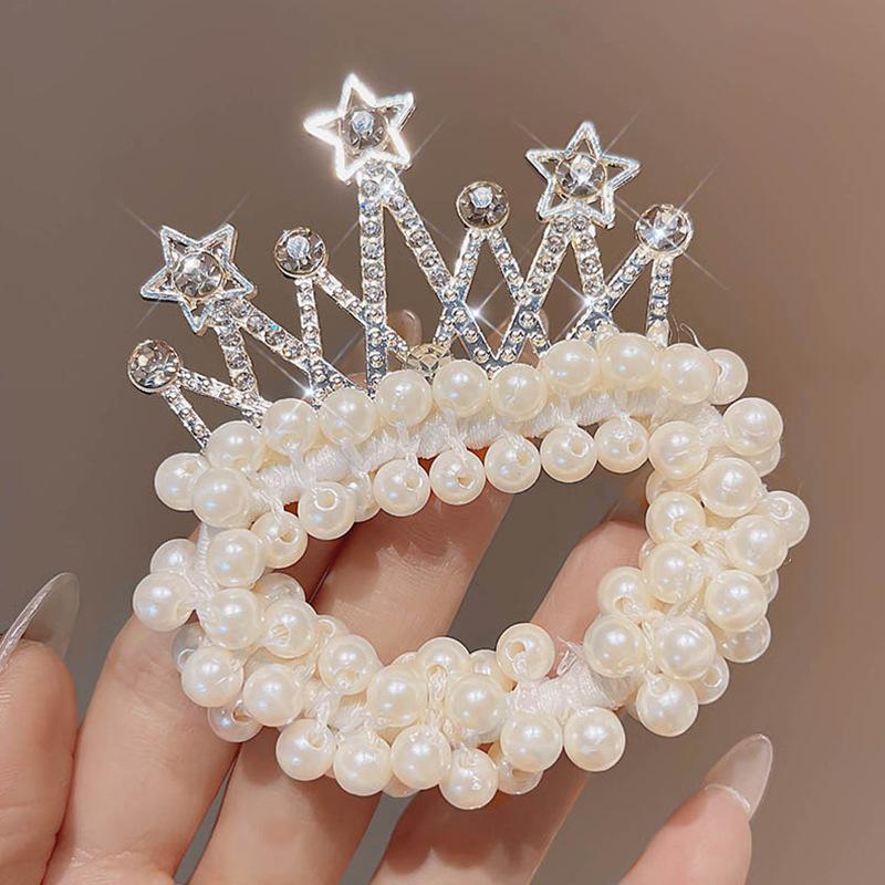 Pearl Princess Crown Hair Band Baby High Elastic Ball Head Hair Rope Head Rope Rubber Band Head Flower Headgear