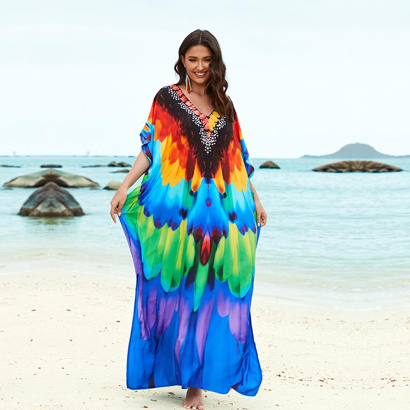 

Свободный хлопковый халат большого размера с принтом - Пляжная накидка для женщин One Size