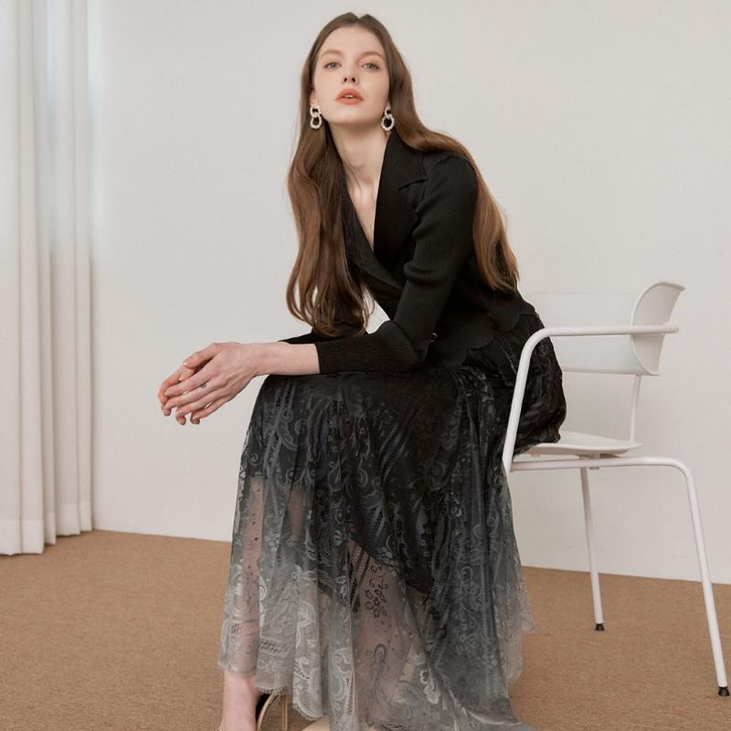 MAXZA Pleated Collar Gradient Lace Long Dress Zb05qp003