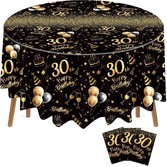 Oudain 3 Pack 50th/70th/80th Round Birthday Tablecloth Black and Gold Happy Birthday Party Decorations 84 inch Disposable Plastic Table Cover