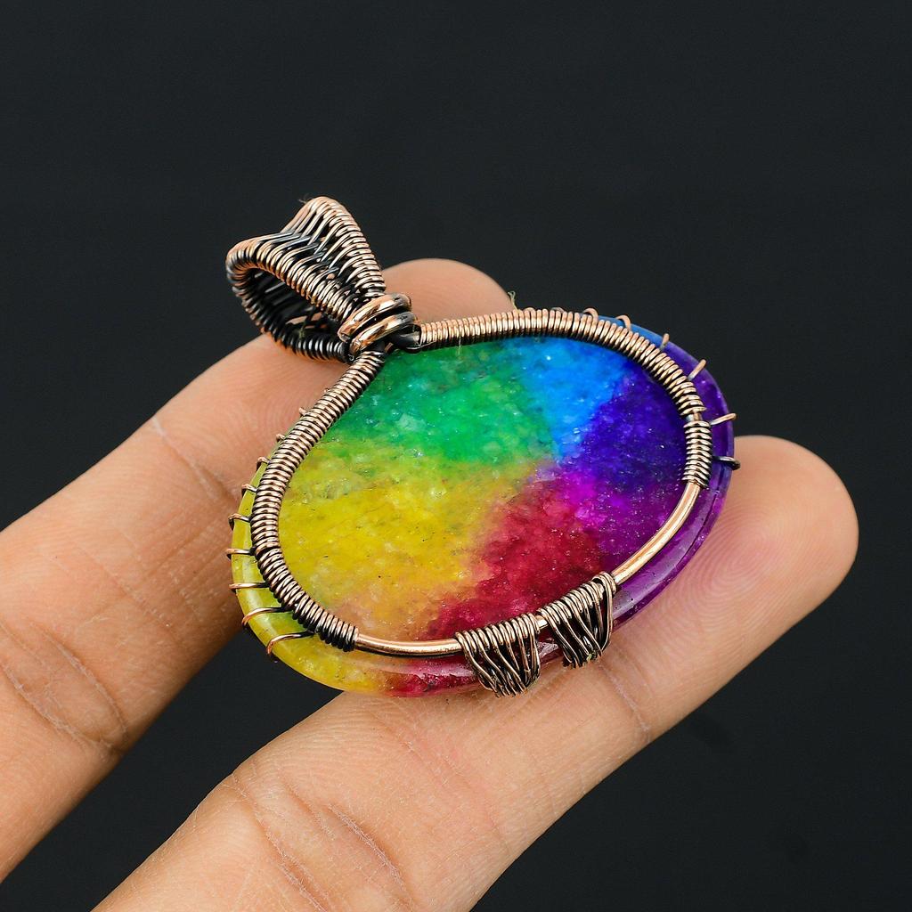 Double Tree Of Life Rainbow Solar Quartz Gemstone Copper Wire Wrap Handmade Pendant Indian Jewelry