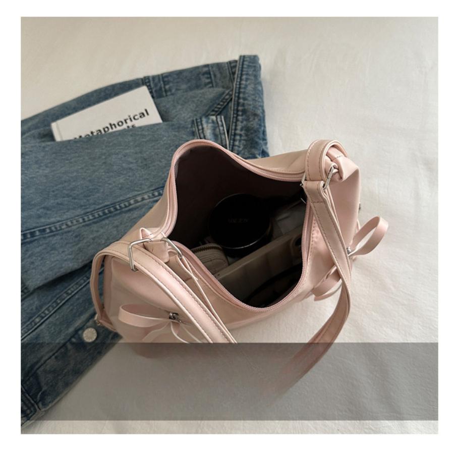 Korean Style Bowknot Faux Leather Bucket Bag for Women, Soft Single Shoulder Hobo Purse, Chic Casual Crossbody Handbag