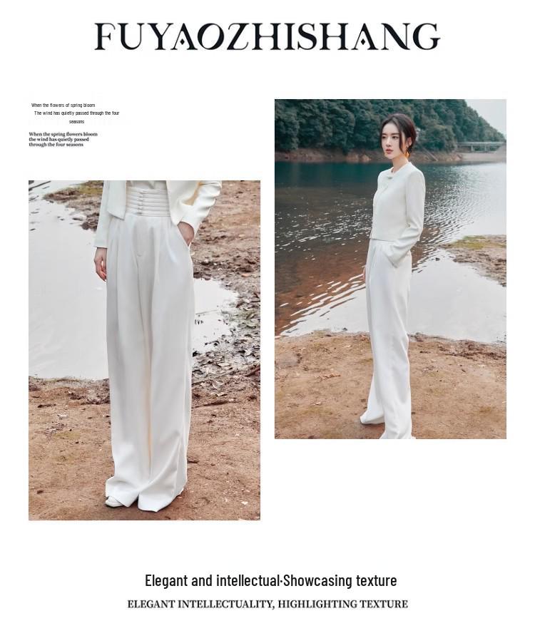 Beige Chinese Style OL Midi Skirt Set with Round Neck and Front Slit