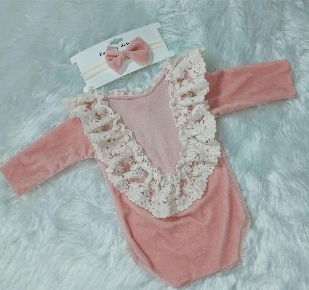Baby Christmas Red Velvet Headband & Footless Romper Set for Photography