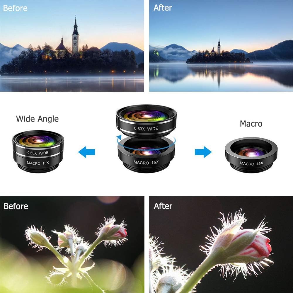 Phone Camera Lens Kit, 11 in 1 Cellphone Lens Kit for iPhone and Android, 0.63X Wide Angle+15X Macro+