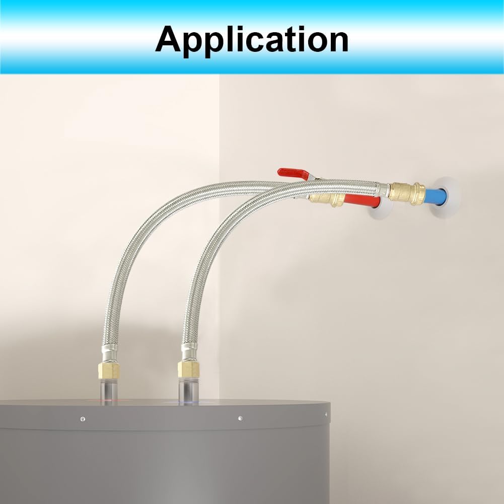 24" Stainless Steel Braided Flexible Water Heater Connector, Push To Connect Brass Plumbing Fitting,3/4" Ball Valve X 3/4" FIP, (2 Pack)