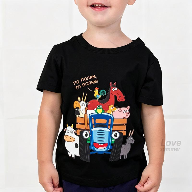 Tractor Print blue Kids Clothes Boys Tshirt Short Sleeve Children Summer Clothes Outdoor Children's Clothing