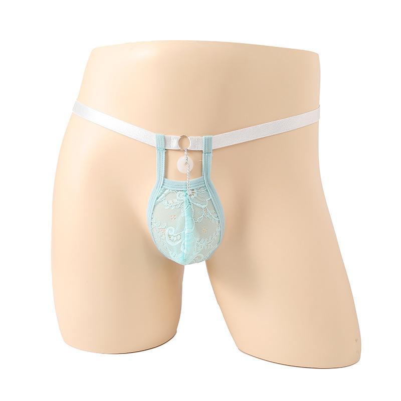 Sissy Lingerie Men'S Lace Penis Pouch Mini Panties Belt Hollow Safety Buckle T-Back Thong See Through Fetis Erotic Underwear