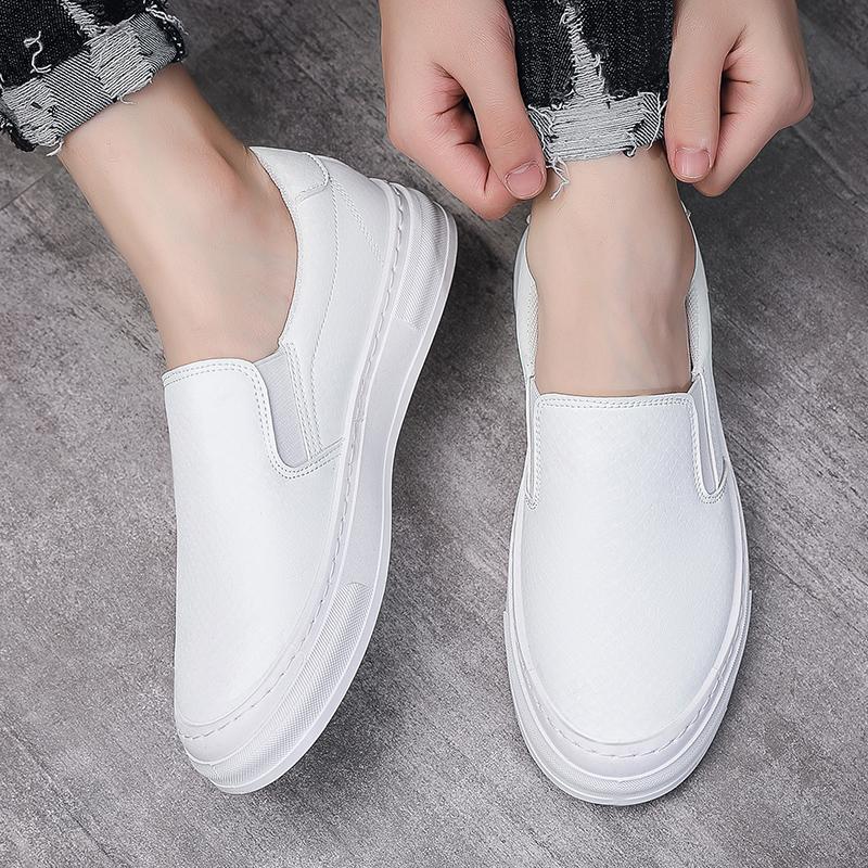 New 2025 Men's Leather Casual Sneakers Spring Summer Fashion Slip-On Black Shoes Soft Sole Comfortable for Everyday Wear White