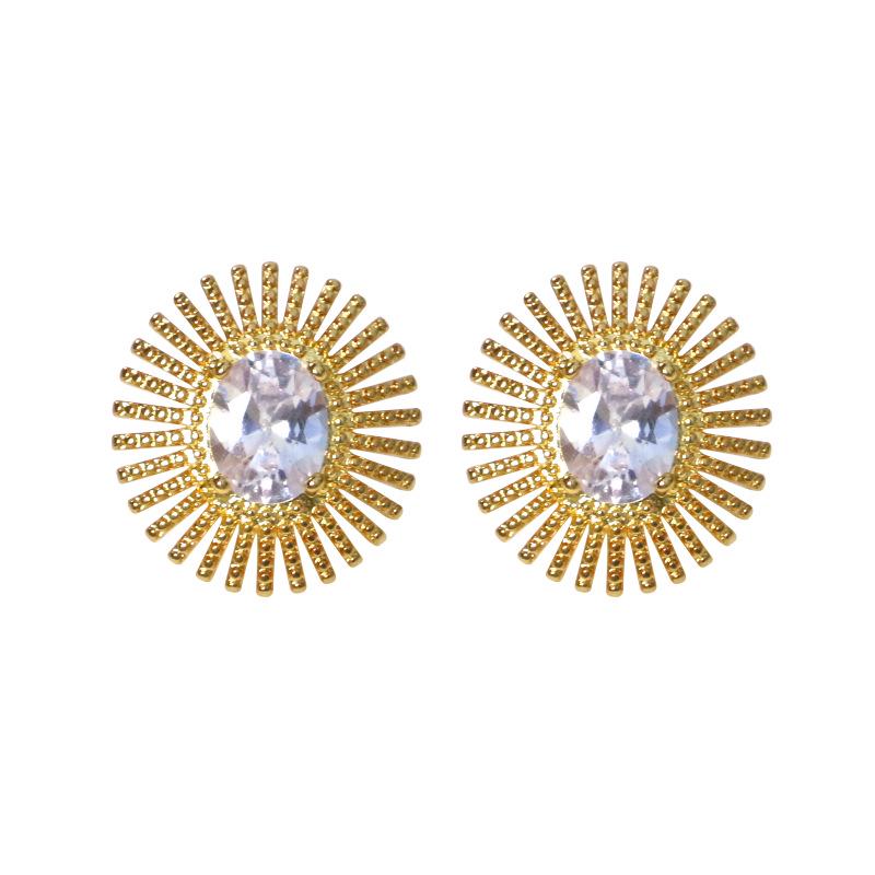 Vintage French-Style Sunflower Zircon Stud Earrings with Brass and S925 Silver Pins