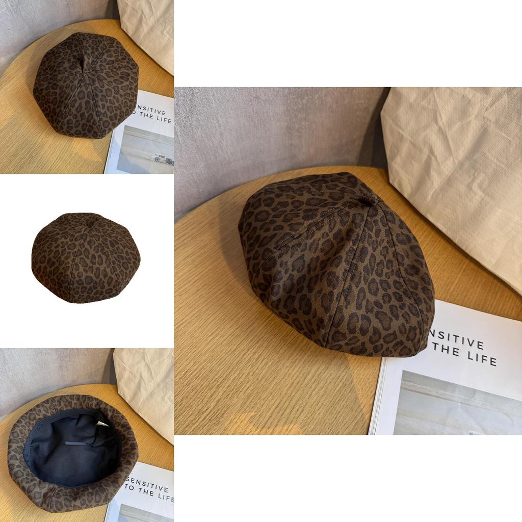 Leopard Print Beret For Women Vintage Fashion Warm Soft Leather Fall Accessory