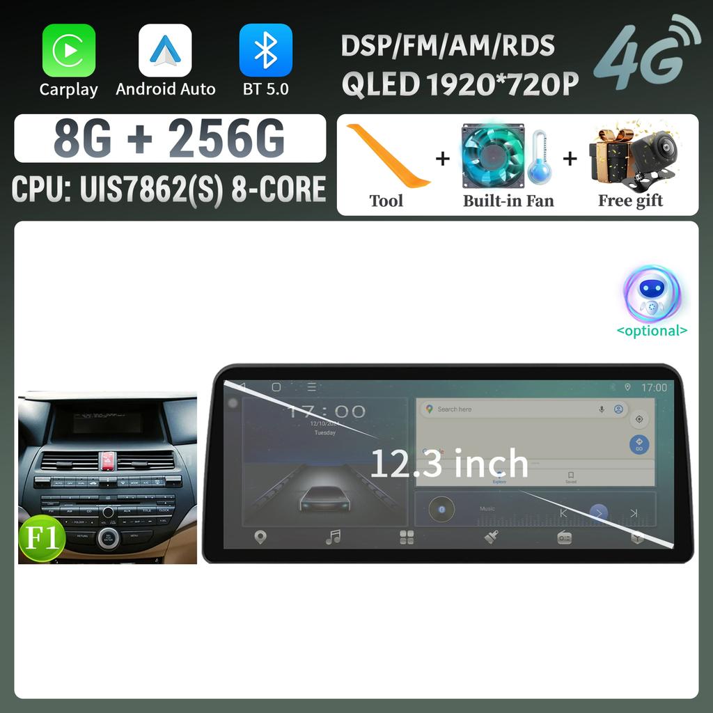 12.3inch Android For Honda Accord 2008-2012 Car Radio Multimedia Navigation 4G GPS Wireless BT CarPlay Touch Head Unit Screen