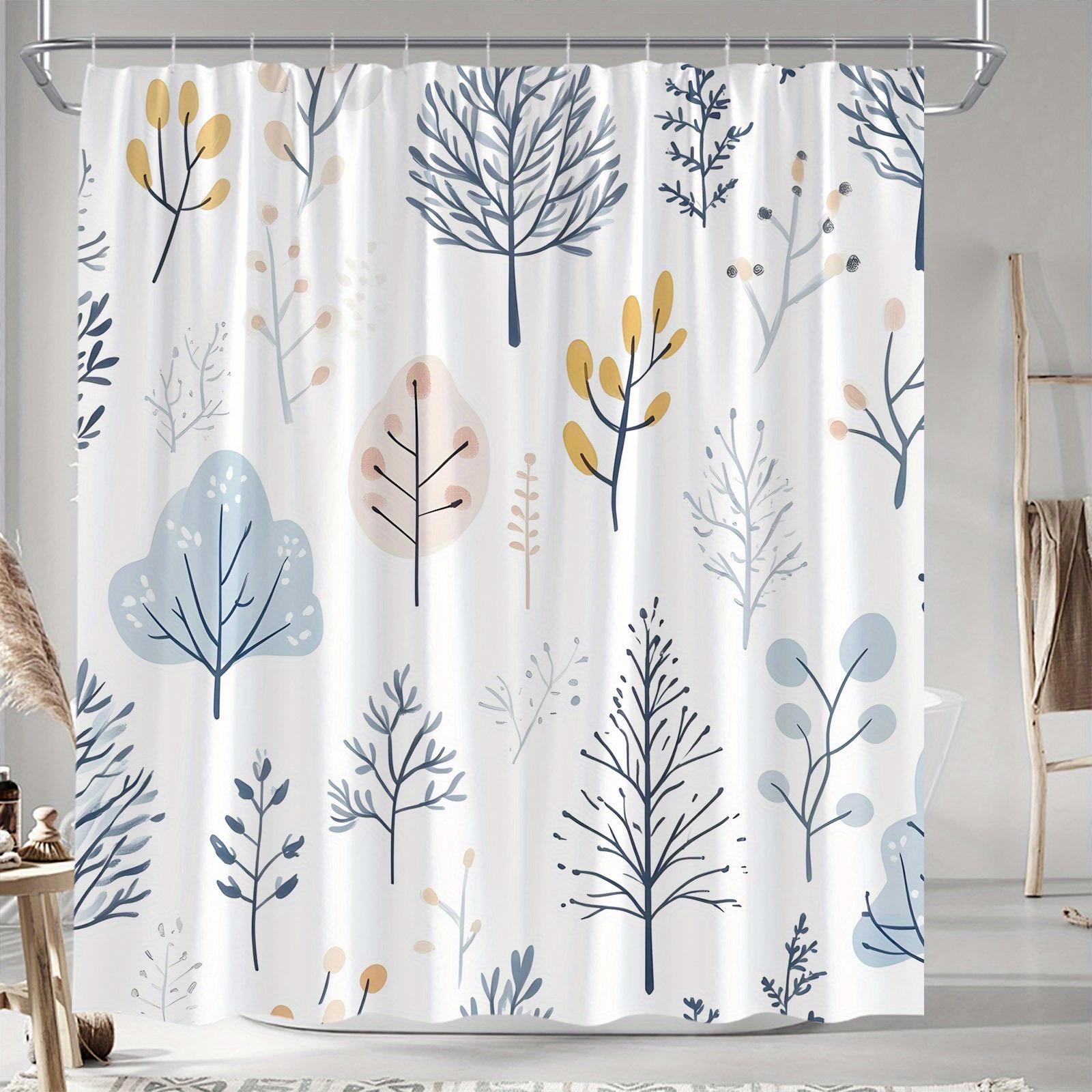 

1 Watercolor Botanical Shower Curtain-Soft blue-beige with delicate bare branches and small leaves, with hooks, machine washable 90X180cm