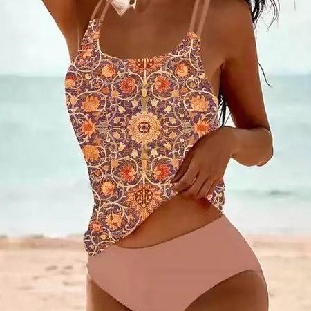 Nouveau Bikini d'Été Imprimé Vintage à Taille Haute fendue Conservateur Maillot de Bain à Bretelles Imprimées Plage