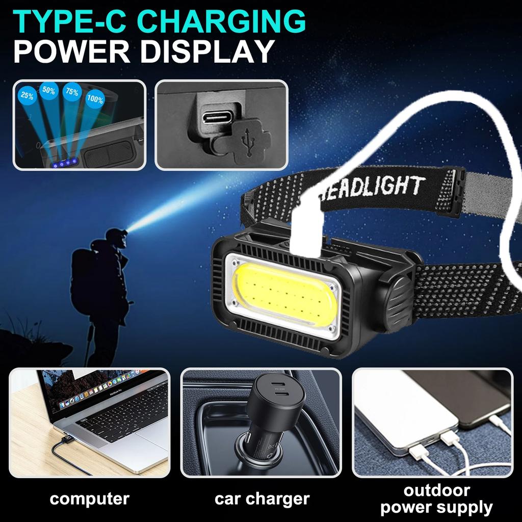 USB Rechargeable Headlamp Portable LED Headlight Built-in Battery Waterproof Head Flashlight Hiking Camping Head Front Torch