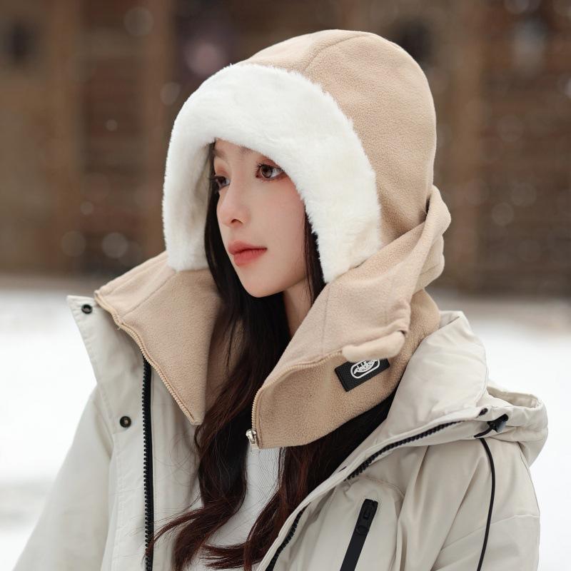 Autumn and Winter Headgear Female Cycling Warm Electric Vehicle Windproof Mask Integrated Fleece Ear Protector Pullover Cap