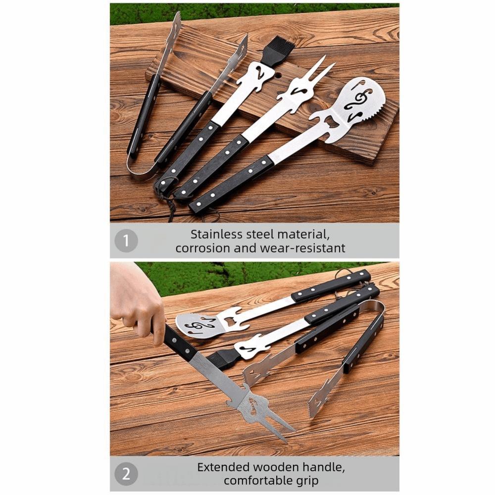 Stainless Steel Grilling Tool Set Wooden Handle Combination BBQ Shovel Fork Clamp Silicone Brush Comfortable Grip