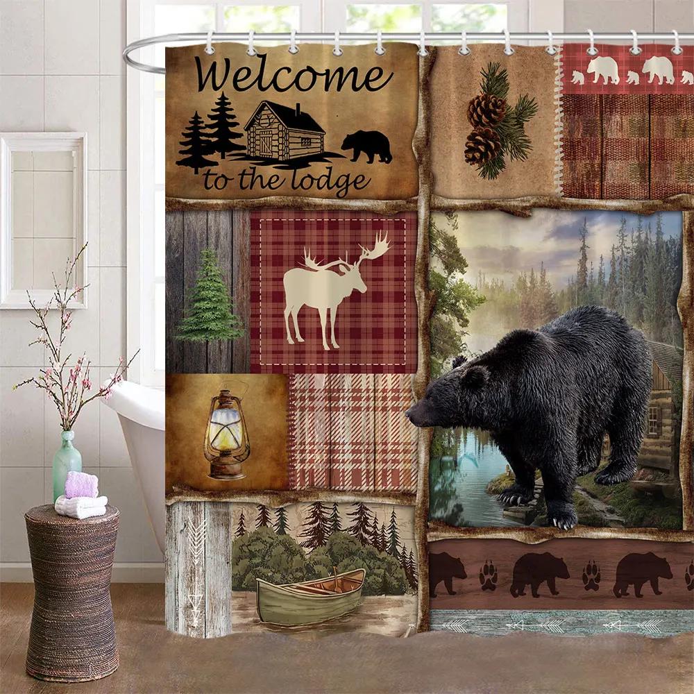 Bear Shower Curtains for Bathroom Wild Animals Rustic Cabin Forest Bear Print Wooden Board Cloth Bath Curtain Set Bathroom Decor