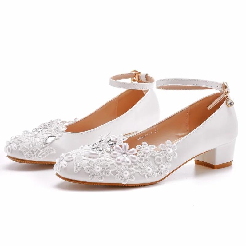  Fashion Wedding Shoes Bridesmaid Banquet Woman Lace Flower Pearl Round Toe High Heels Women's Bridal Pumps Girl Shoes