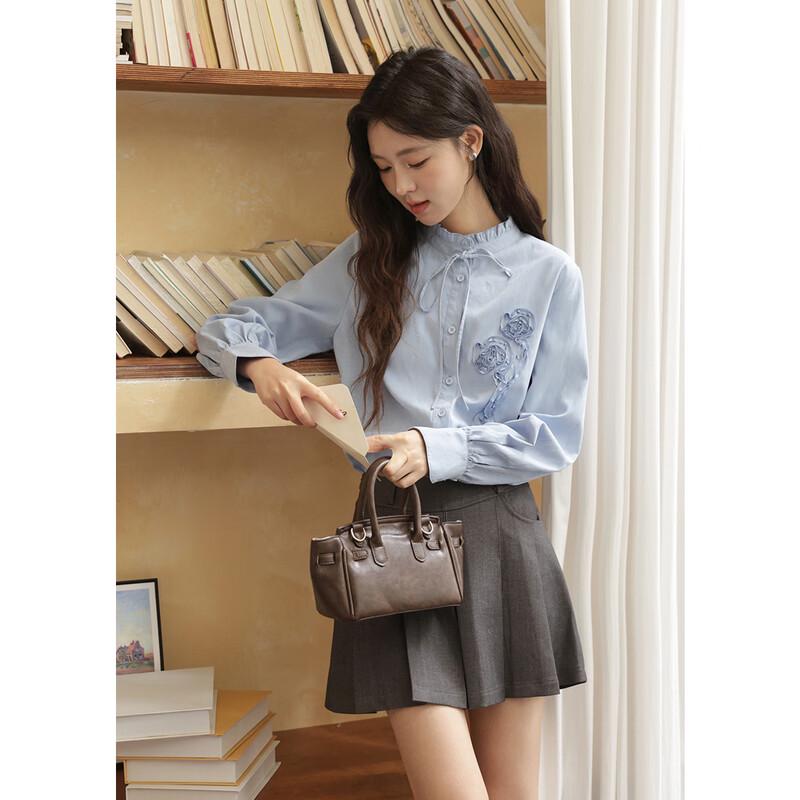 MiXiu Embroidered Ruffle Trim Brushed Blouse S