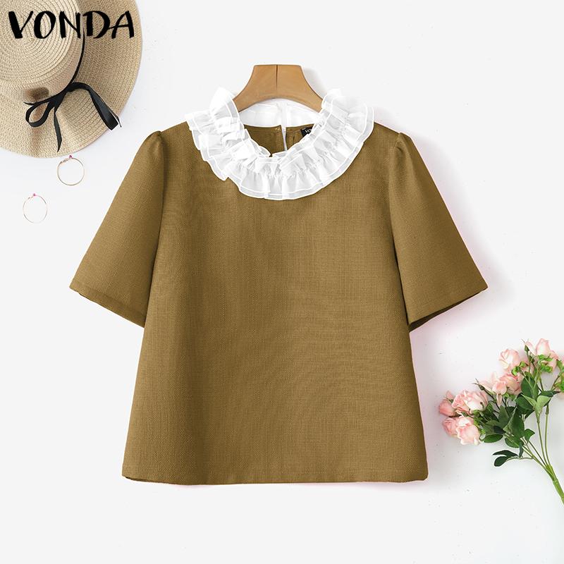

VONDA Summer Women Ruffled Neck Hem Short Sleeve Cute T-shirts Tops XL хаки