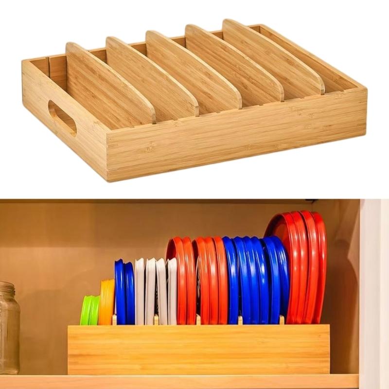 Kitchen Countertop Storage Rack for Pot Lids, Cutting Boards and Trays, Wooden Tiered Holder with Open Access and Vertical Space Saving Layout