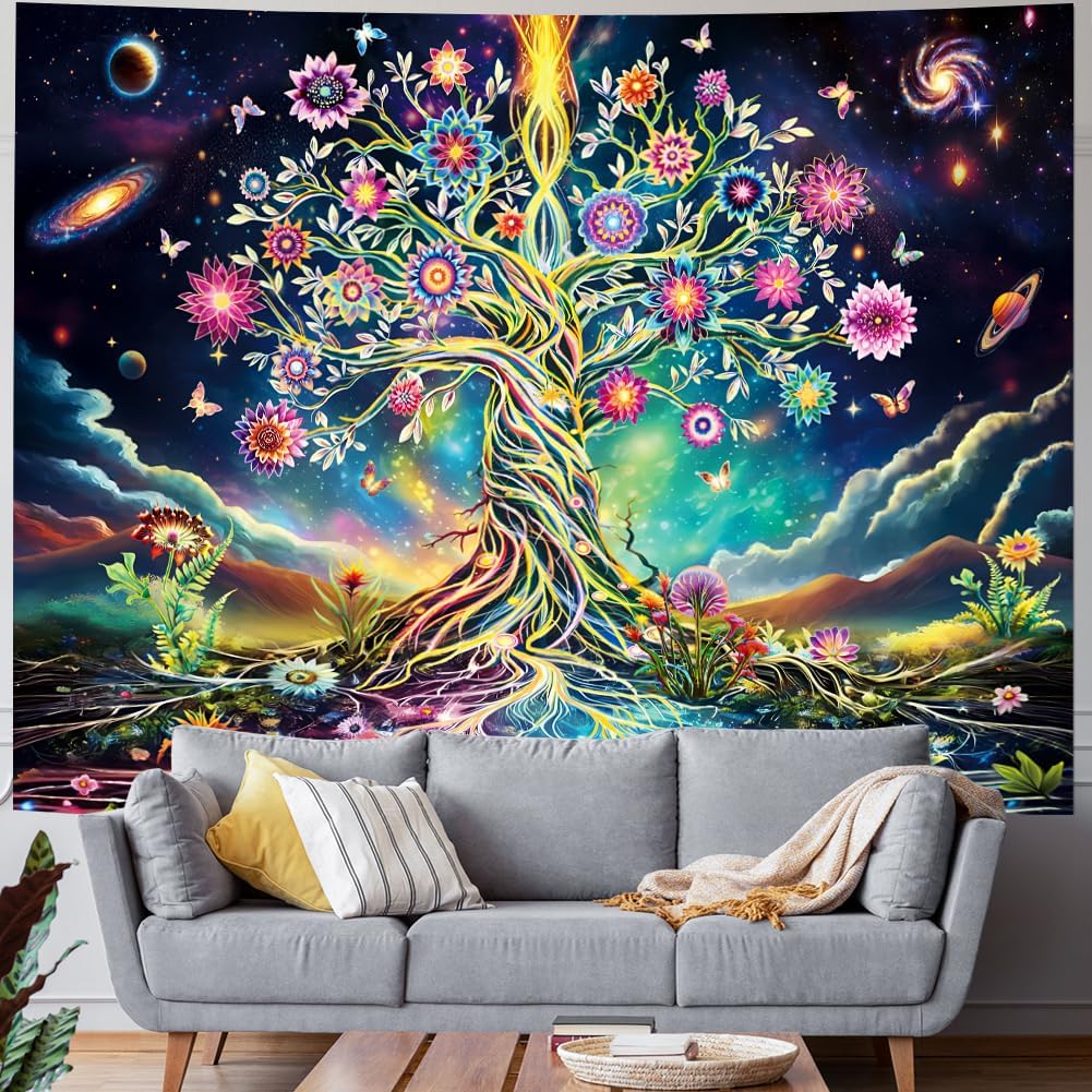 Ameyahud Blacklight Tree of Life Tapestry UV Reactive Neon Tree Tapestry Galaxy Space Tapestries Flower Floral Aesthetic Tapestries Fantasy Forest