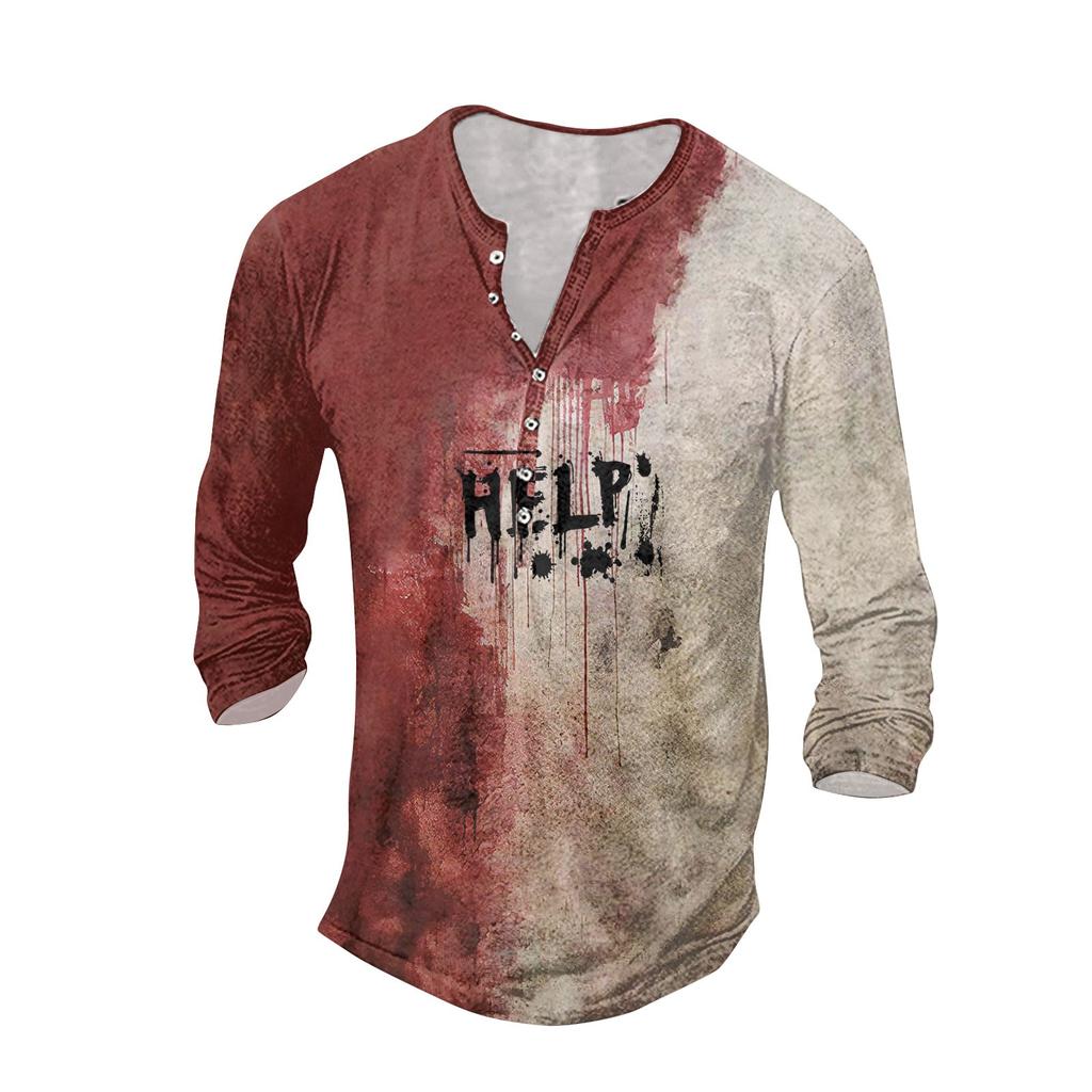 Pánské outdoorové retro tričko s potištěným knoflíkem s dlouhým rukávem