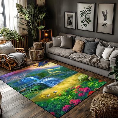Nature Waterfall Landscape Rug, Bohemian Home Decor Carpet for Living Room, Soft Non-Slip Sofa Mat with Floral Design