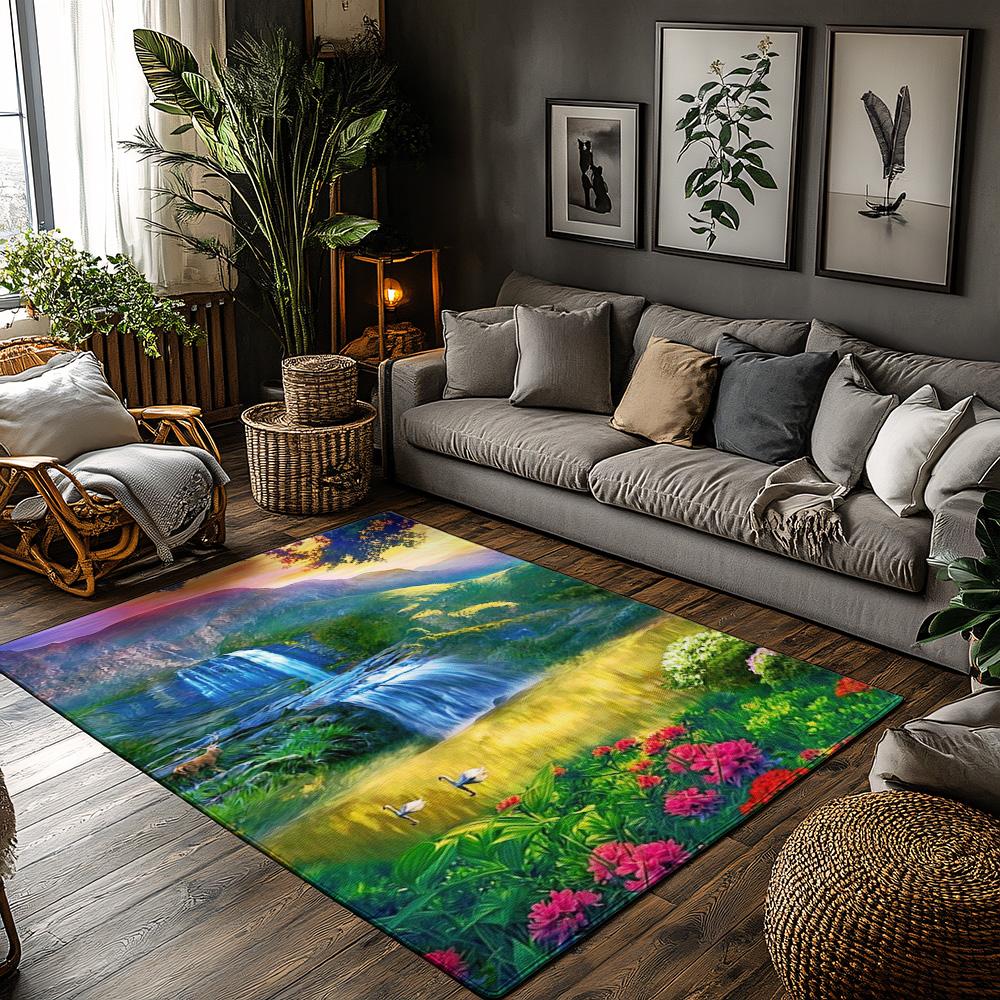 

Nature Waterfall Landscape Rug, Bohemian Home Decor Carpet for Living Room, Soft Non-Slip Sofa Mat with Floral Design 50x80cm
