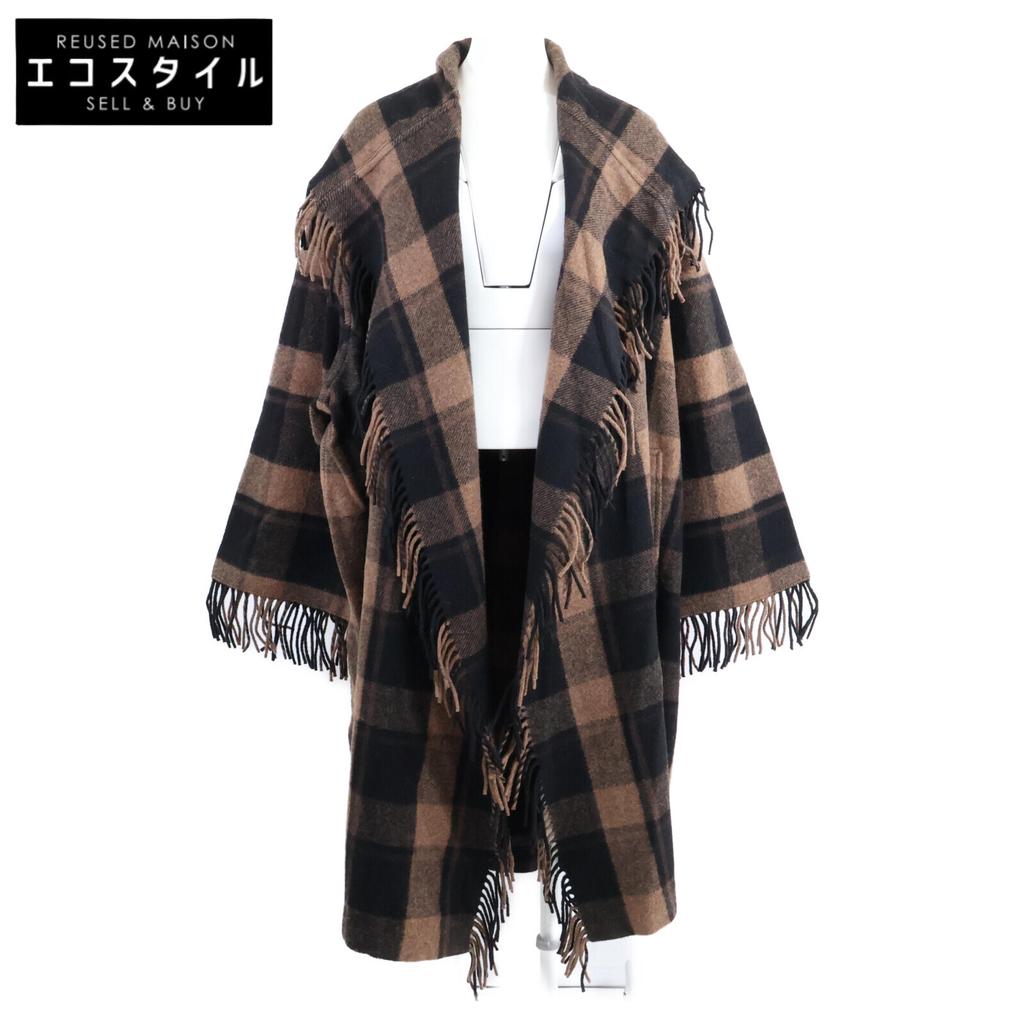 BALENCIAGA [Good condition/Domestic regular/21AW] 661436 Check Fringed Wool Twill Coat Gingham check twill coat ONE BrownUsed