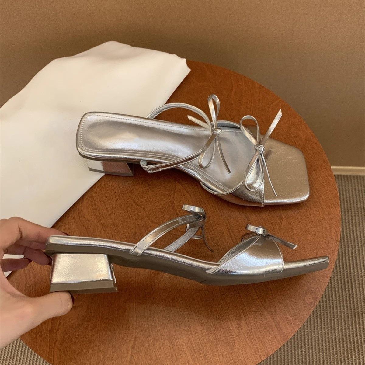 

Bow-tie sweet slippers female outer wear summer new gentle fairy style temperament with skirt thick heel beautiful sandals 40