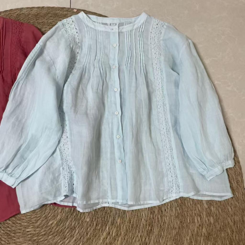 1116 Spring New Women's Crew Neck Japanese Ramie Top Cardigan Retro Ins Long Sleeve Shirt Literary Style