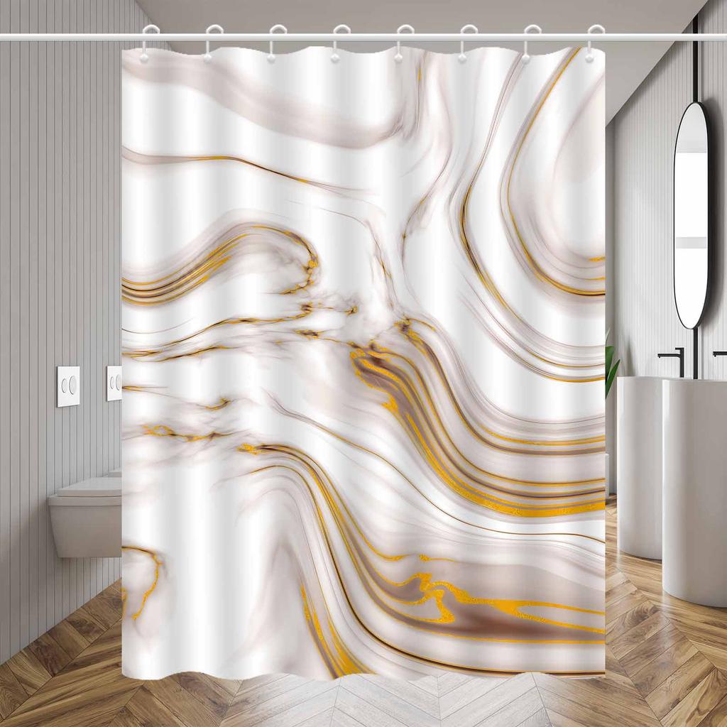 1pc Nordic White Gold Marble Shower Curtain, Polyester Fabric, Machine Washable, Suitable for Bathroom Decoration