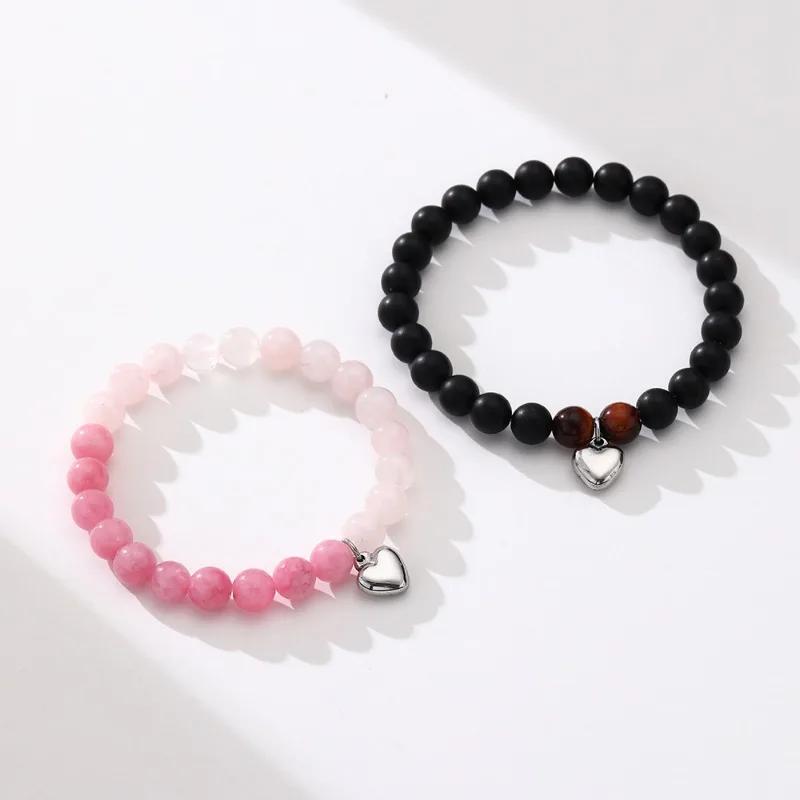 Natural Crystal Bracelet Black Onyx Energy Bracelets Couple Pink Quartz Bead Meditation Lightweight Trinket Fashion Ornaments Jewelry Couples Gifts