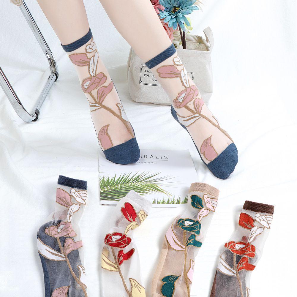 3 Pairs Women's Thin Summer Stockings Transparent Crystal Silk Long Tube Wear-resistant Cotton Sole Anti Slip Retro Ice Stockings