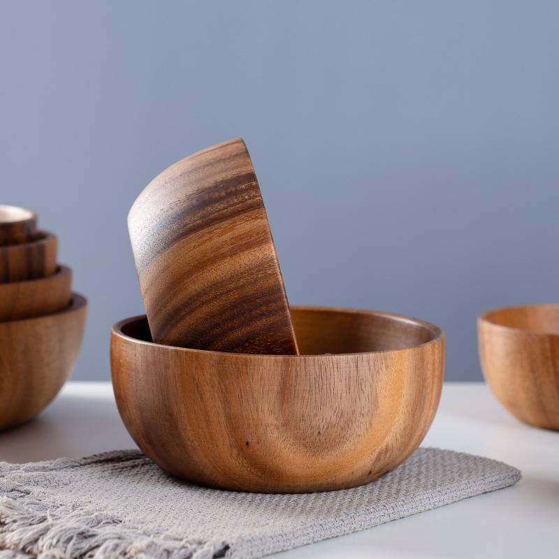 Acacia Wood Salad and Rice Bowl - Large Round Wooden Basin Tableware