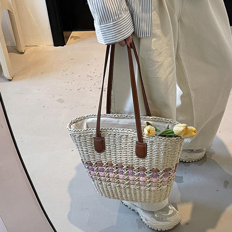 Women'S Casual Handmade Straw Tote Bag Summer Beach Lightweight Woven Large Capacity Zipper Shoulder Messenger Bag CLE